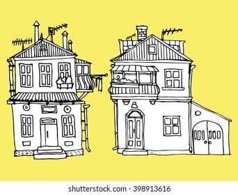 Decorative home. Stylized city. Street. Cottages. City landscape. Line art. Black and white drawing by hand. Children's art. Set.