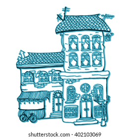 Decorative home. Stylized city. Street. Cottages. City landscape. Line art. Black and white drawing by hand. Children's art. Set.