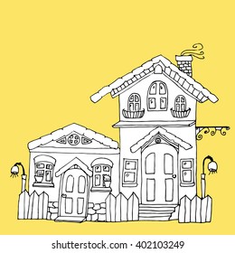 Decorative home. Stylized city. Street. Cottages. City landscape. Line art. Black and white drawing by hand. Children's art. Set.