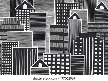 Decorative home. Stylized city. Street. City landscape. Line art. Black and white drawing by hand. Skyscrapers. Capital. Big city. Doodle.