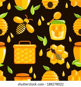 Decorative honey bumble bee honeycomb agriculture food seamless pattern vector illustration