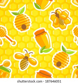 Decorative honey food jar hive bumble bee and dipper with honeycomb background seamless pattern vector illustration