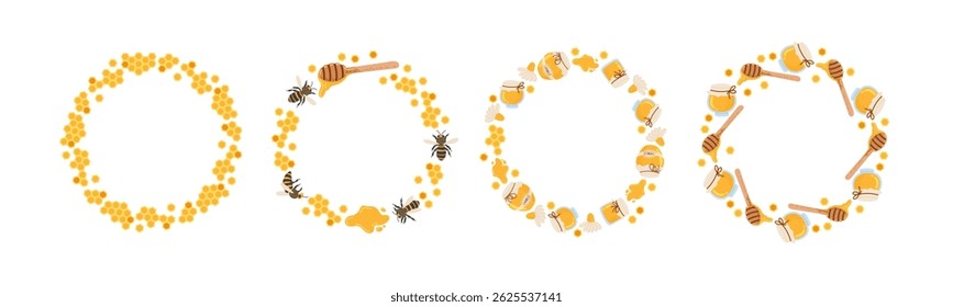 Decorative honey-themed circles featuring bees and honey jars for crafts and design