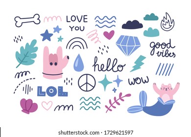 Decorative horizontal background or backdrop with cute mythical animal, plants, diamonds, handwritten slogans, symbols. Modern colorful vector illustration hand drawn in naive trendy doodle style