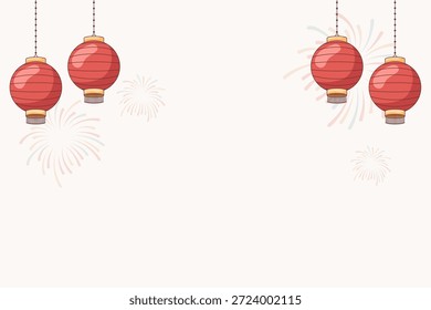 Fondo Horizontal decorativo con linternas chinas rojas colgantes tradicionales y fuegos artificiales pastel suave. Perfecto para saludos de Año Nuevo Lunar y promociones de temporada.
