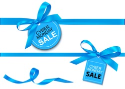 Panglica Decorativă Orizontală Albastră Cu Arc și Etichetă De Vânzare Pentru Cyber Luni Vânzare Design. Decorarea Vectorială și Eticheta Izolată Pe Fundal Alb