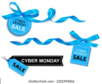 Decorative Horizontal Blue Ribbon With Bow And Sale Tag For Cyber Monday Sale Design. Vector Decoration And Label Isolated On White Background