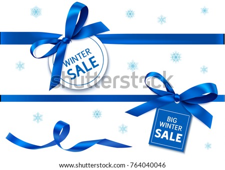 Decorative horizontal blue ribbon with blue bow and sale tag for winter holiday sale design. Vector decoration and label
