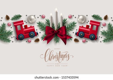 Decorative Horizontal Border made of Christmas Elements, Pine Branches, Candles and Red Toy Trains . Flat lay, top view.