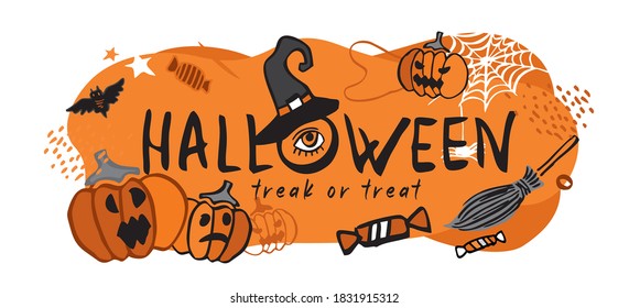 Dekorative horizontale Komposition mit Symbolen von Kürbissen, Fledermäusen, Spinne mit einem Netz einzeln auf orangefarbenem abstraktem Hintergrund. Banner für Partydekor. Aufkleber zu Halloween. Flache Vektorgrafik.
