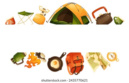 Decorative horizontal frame border template made from travel equipment. Rectangular template with symbols of tourism, summer camping, expedition. Design for travel, invitation card, poster, banner.