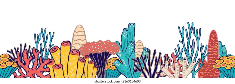 Decorative horizontal frame and marine plants  animals  fish  corals isolated white  Background and underwater symbols for the deco postcards  invitations  banners  Cartoon vector illustration