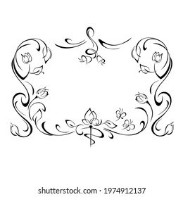 decorative horizontal frame with stylized flower buds, leaves, bells, butterfly and vignettes