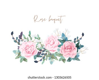 Decorative horizontal garland composition of pale roses, white spring flowers, eucalyptus and succulents. Light floral bouquet for wedding invitations and romantic cards. Hand drawn vector