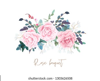 Decorative horizontal garland composition of pale roses, white spring flowers, eucalyptus and succulents. Light floral bouquet for wedding invitations and romantic cards. Hand drawn vector