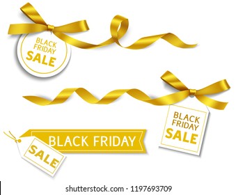 Decorative horizontal golden ribbon with bow and sale tag for black friday sale design. Vector decoration and label