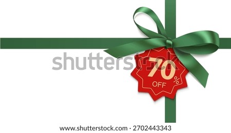 Decorative horizontal green ribbon with bow and price tag for Christmas sale design. Vector decoration and discount label isolated on white. Vector stock illustration. Not AI	