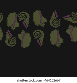 Decorative horizontal seamless sea pattern,  spirals,  spots,shells, doodles,copy space . Hand drawn.