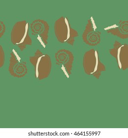 Decorative horizontal seamless sea pattern,  spirals,  spots,shells, doodles,copy space . Hand drawn.