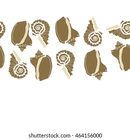 Decorative horizontal seamless sea pattern,  spirals,  spots,shells, doodles,copy space . Hand drawn.