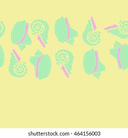 Decorative horizontal seamless sea pattern,  spirals,  spots,shells, doodles,copy space . Hand drawn.