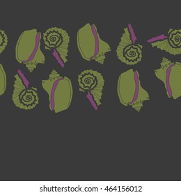 Decorative horizontal seamless sea pattern,  spirals,  spots,shells, doodles,copy space . Hand drawn.