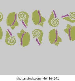 Decorative horizontal seamless sea pattern,  spirals,  spots,shells, doodles,copy space . Hand drawn.