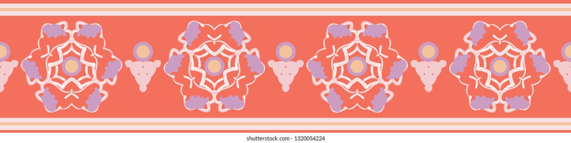Decorative horizontal stripe border with repeating mandala design and geometric shapes. Seamless vector repeating design with coral background, color of the year. For textile edging, ribbon, fashion.