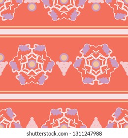 Decorative horizontal stripe pattern with repeating mandala design and geometric shapes. Seamless vector repeating vector design with coral background, color of the year. For fashion and textiles.