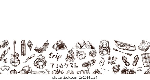 Decorative horizontal travel border made of hand drawn camping, picnic and hiking equipment. Vintage sketch style illustration, ideal for packaging, posters, blogs, invitations and product design.