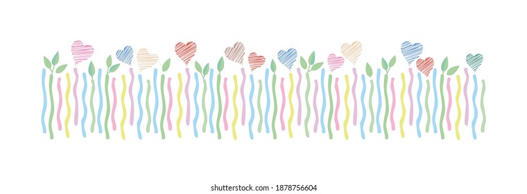 Decorative horizontal vector border with colorful hearts growing on colored stems. Repeatable. Cute design for greeting cards, flyers, covers, wrapping paper, wedding.
