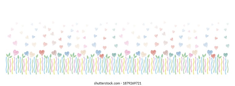 
Decorative horizontal vector border with colorful dissolving hearts growing on colored stems. Repeatable in length. Cute design for greeting cards, flyers, covers, wrapping paper, wedding.