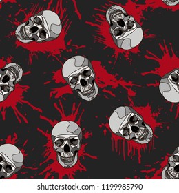 Decorative horror seamless pattern with skulls and blood splatter on gray backdrop.