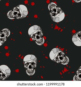 Decorative horror seamless pattern with skulls and blood drops on black backdrop.