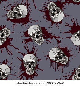 Decorative horror seamless pattern with skulls and blood splatter on gray backdrop. Scary skeleton ornament.