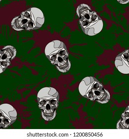 Decorative horror seamless pattern with skulls and blood splatter on green backdrop.