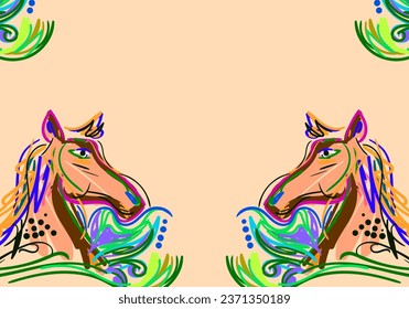 
The decorative horse background with corner ornaments, vector illustration.