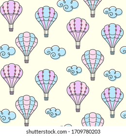 Decorative hot air balloons with hearts and beads and clouds on a pale yellow background. Vector seamless pattern for greeting card, wrapping paper, kids wallpaper, printing on clothes, fabric textile