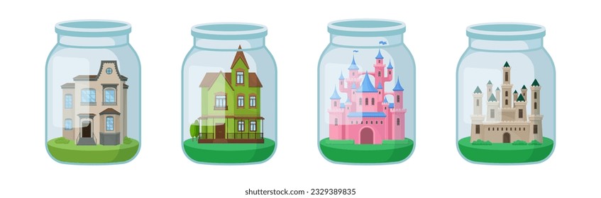 Decorative House and Mansion Rested in Glass Jar as Souvenir Vector Set