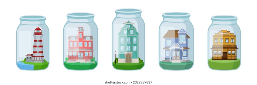 Decorative House and Mansion Rested in Glass Jar as Souvenir Vector Set