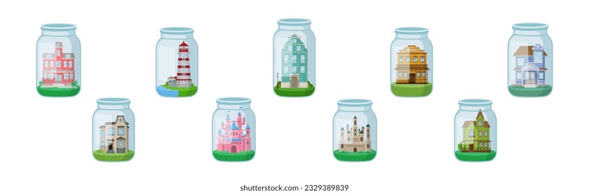 Decorative House and Mansion Rested in Glass Jar as Souvenir Vector Set