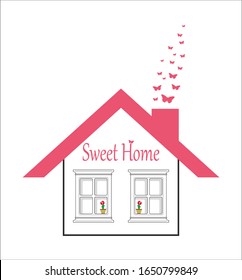 Decorative house with pink roof and butterfly, sweet home