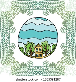 Decorative house and trees. Vector illustration