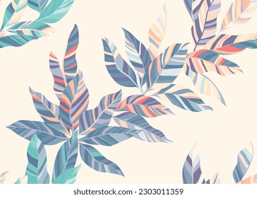 Die dekorative Hauspflanze hinterlässt endlose Muster-Design. Trendfarbene Sommerkleidung druckt. Paradise Buschzweig Blätter nahtlos Muster. Exotische Flora-Elemente.