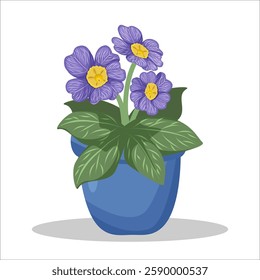 Decorative houseplant violet flower in a blue flower pot. Gardening hobby. Home interior decoration. Isolated vector illustration on white background.