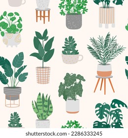 Decorative houseplants in pots seamless pattern. Green potted indoor plant and flower in interior texture. Home jungle cartoon style. Vector background. Botanical floral exhibition