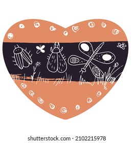 Decorative hugge, hygge abstract heart with insects, orange blue, Scandinavian, suitable for decorating designs for Valentine's Day, Christmas, birthday, wedding, declaration of love.