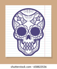 Decorative human skull with floral ornament on linear notebook page. Vector illustration
