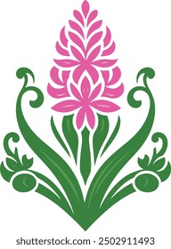 Decorative Hyacinth flower symbol, Corner bouquet with outline muscari or grape hyacinth flower and leaves