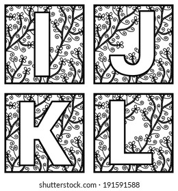 Decorative I, J, K, L alphabet letters with floral elements